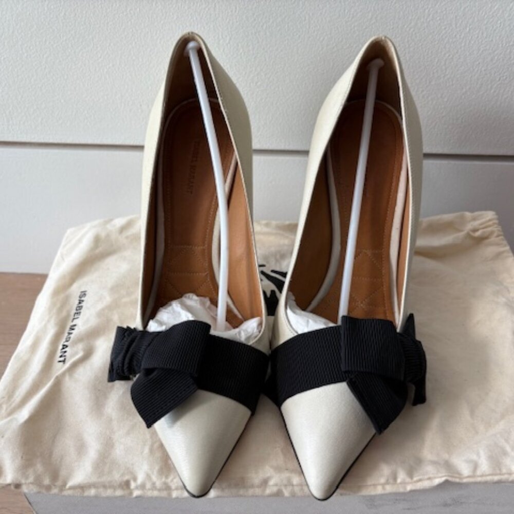 Isabel Marant Poppy White Suede Heels Black Bow Pumps Like New, Size 37
